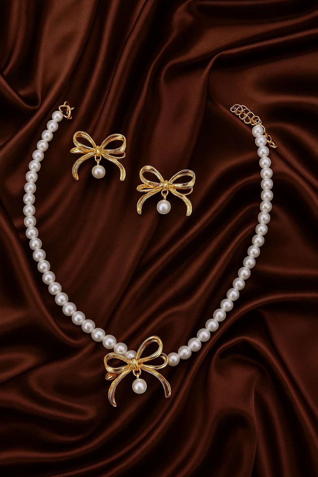 Modern Pearl & Bow Set - Necklace & Earrings