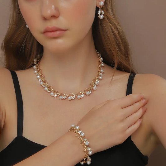 Exquisite Pearl Bridal Set – Necklace & Earrings in Gold White
