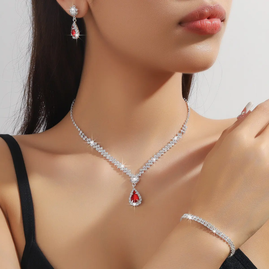 Elegant Pearl Bridal Set – Necklace, Earrings & Bracelet - Red