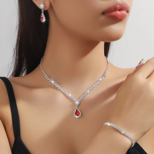 Elegant Pearl Bridal Set – Necklace, Earrings & Bracelet - Red