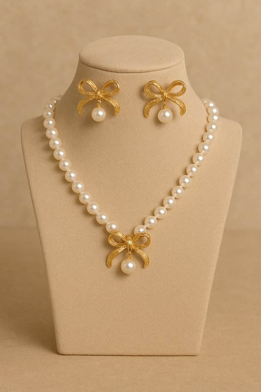 Modern Pearl & Bow Set - Necklace & Earrings